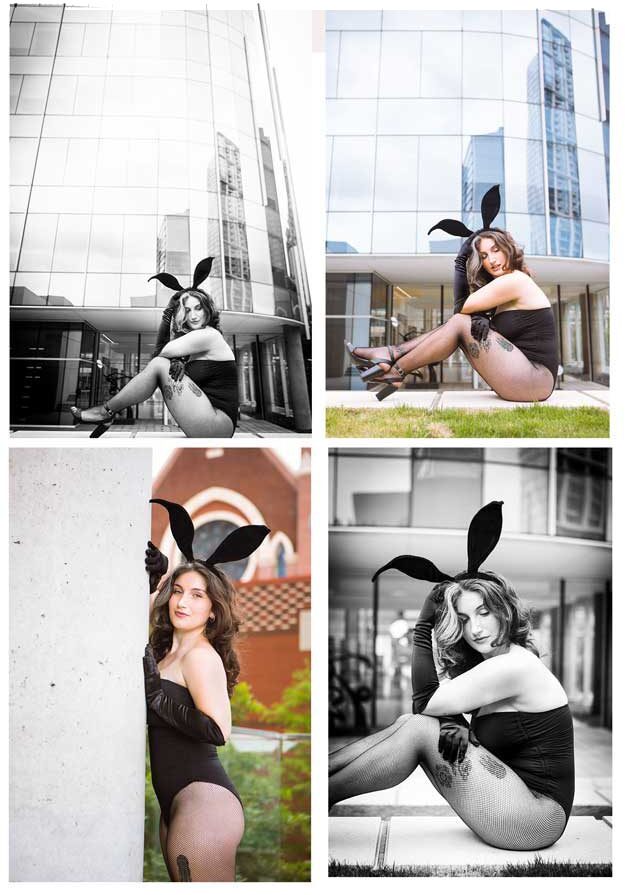 Woman in bunny costume poses near modern buildings and brick architecture with confident, playful expressions.