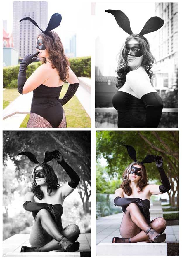 Woman in bunny costume and mask poses confidently outdoors in seated and standing portraits.
