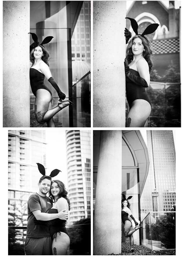 Playful woman in bunny costume poses by urban columns, joined by man in one joyful black-and-white photo.