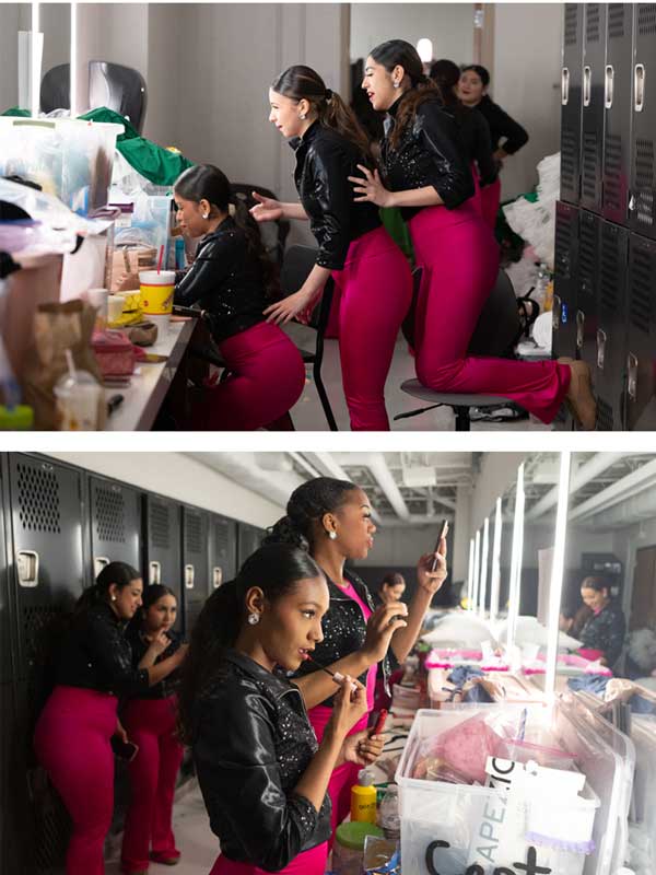 Dance photography prep: dancer adjusts costume backstage, focused expression, warm lighting setting the scene.