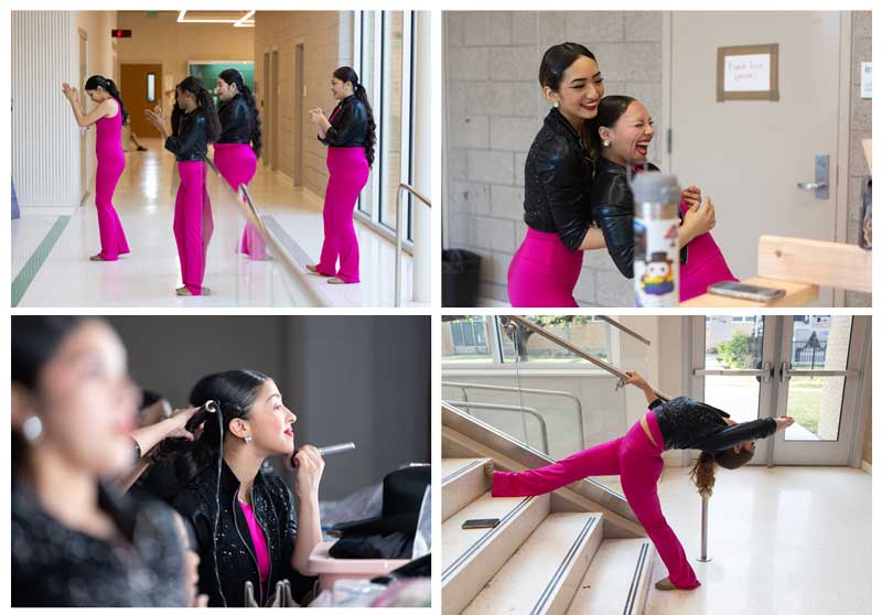 Dance photography prep: dancers stretch, laugh, and apply makeup backstage in vibrant pink costumes before the show.
