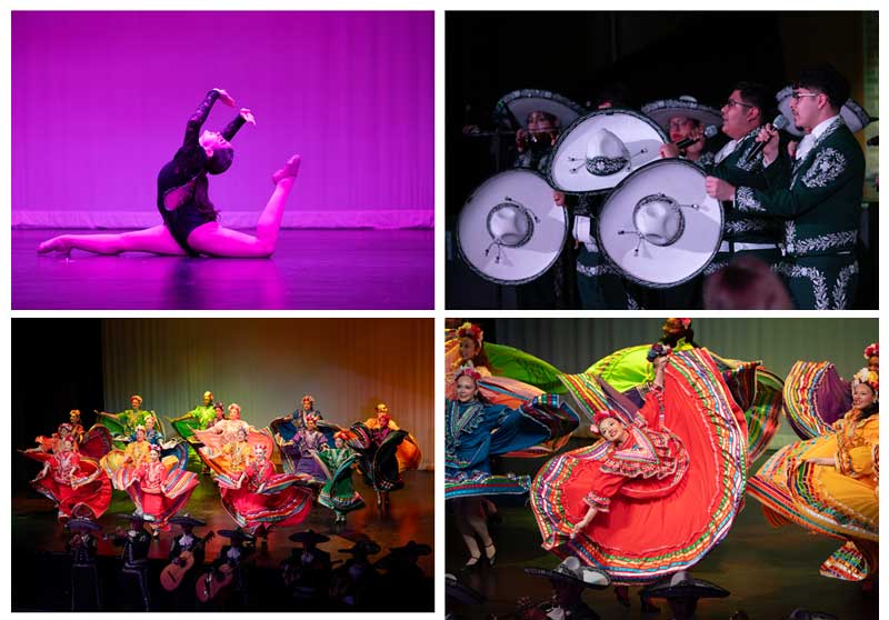 Dance photography capturing vibrant folklórico dresses, mariachi performers, and elegant stage movement under bold lights.
