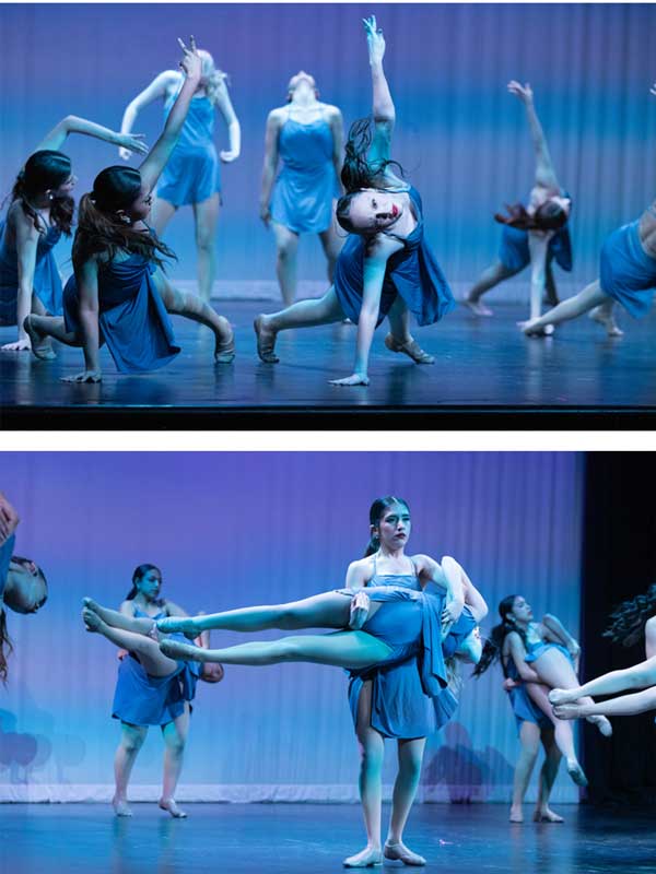 Dance photography capturing a dancer in motion with expressive pose and dramatic stage lighting.