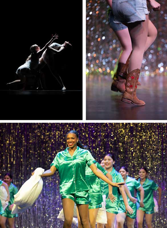 Dance photography showcasing stage variety: lyrical duets, cowboy boot rhythms, and joyful pajama-themed group routine.