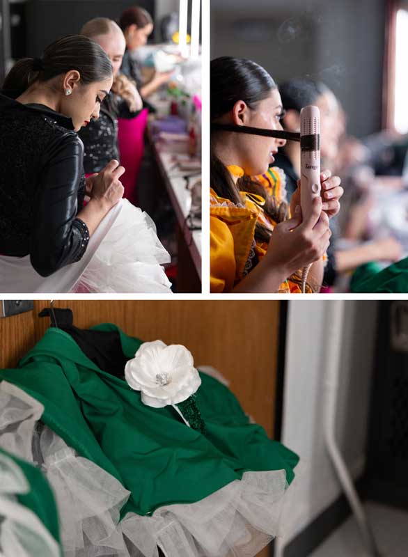 Dance photography prep: dancer adjusts costume backstage, focused expression, warm lighting setting the scene.