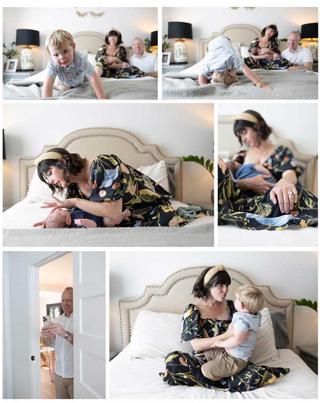 Lifestyle newborn photo collage capturing tender family moments, playful sibling joy, and cozy nursery cuddles.
