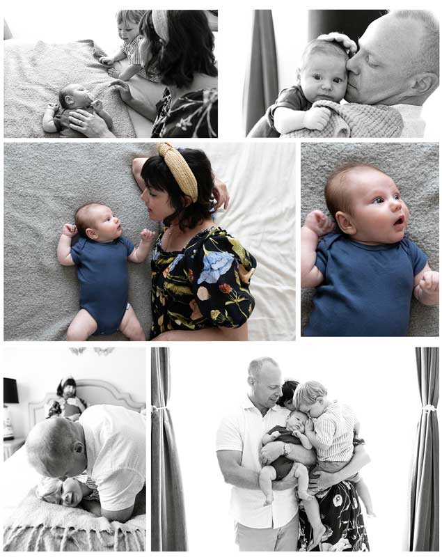 Lifestyle newborn photo collage capturing tender family moments, playful sibling joy, and cozy nursery cuddles.