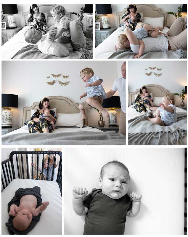 Lifestyle newborn photo collage capturing tender family moments, playful sibling joy, and cozy nursery cuddles.