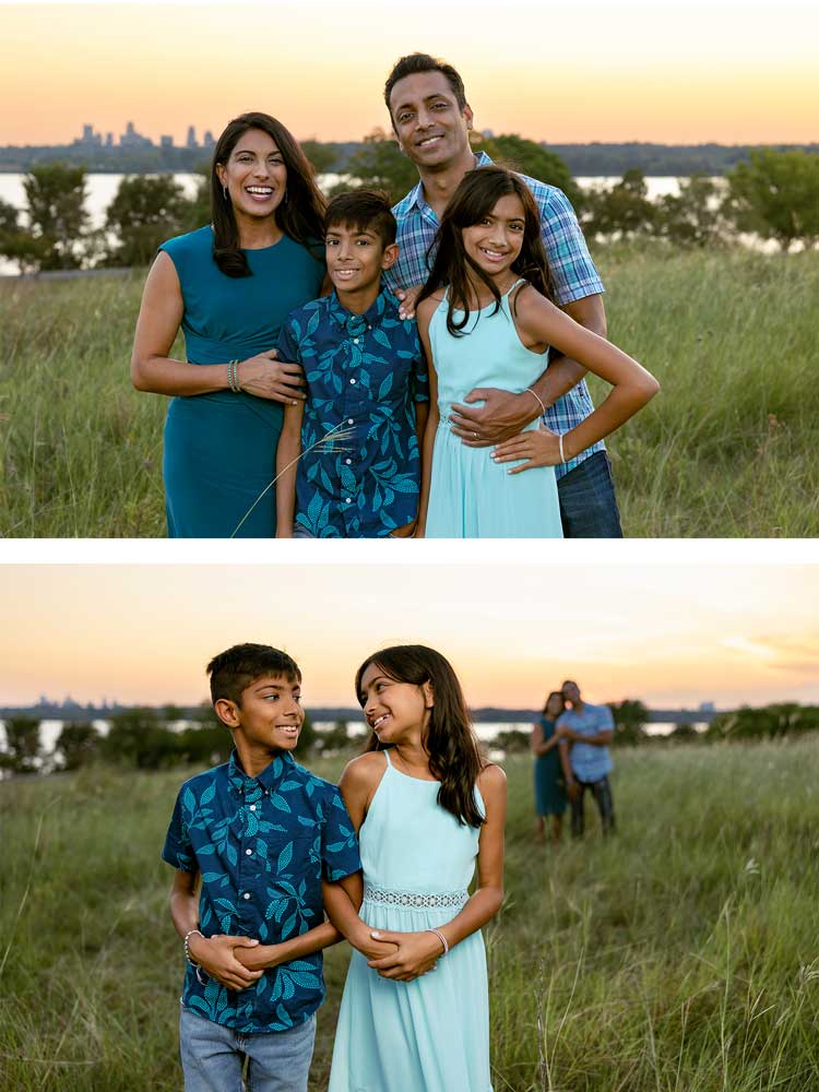 Family photos at sunset, Winfrey Point, White Rock Lake - A joyful family of four hugging tightly with a golden fall sunset glowing in the background.