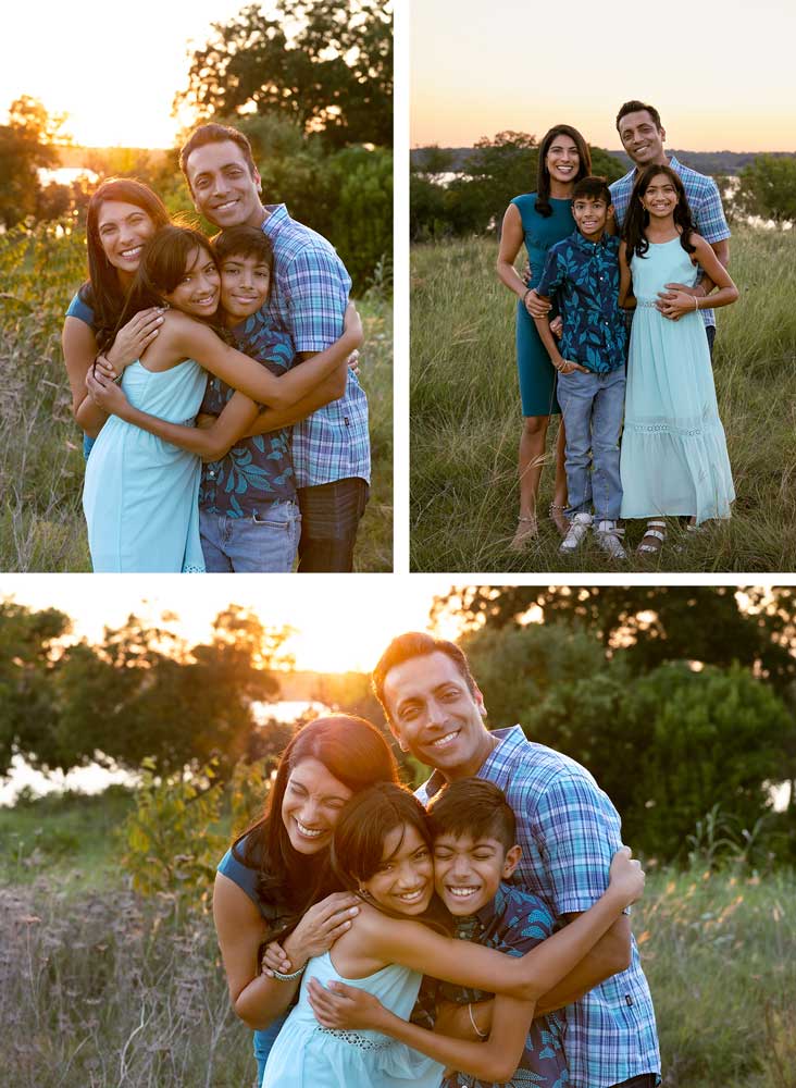 amily photos at sunset, Winfrey Point, White Rock Lake - A joyful family of four hugging tightly with a golden fall sunset glowing in the background.