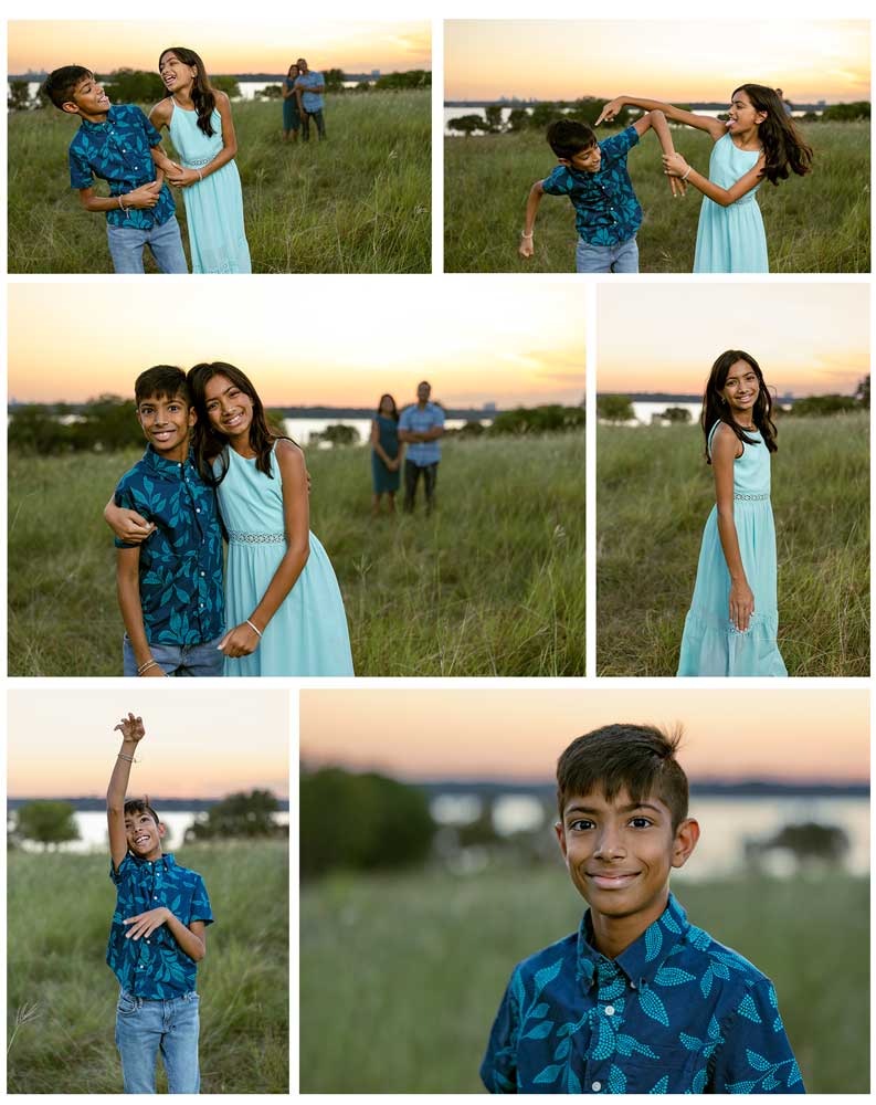 Sibling photos embracing with parents in the distance – A warm hug between brother and sister with mom and dad softly focused in the background.