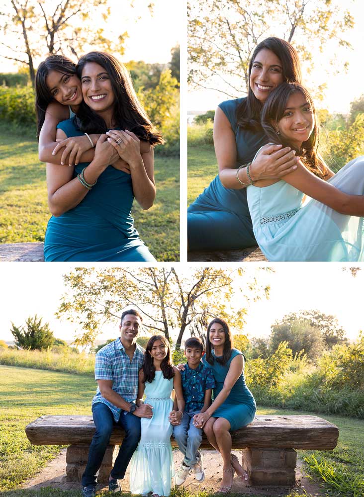 Family photos at sunset, Winfrey Point, White Rock Lake - A joyful family of four hugging tightly with a golden fall sunset glowing in the background.