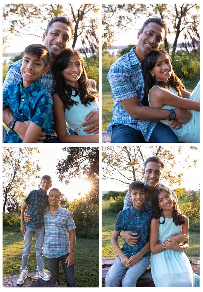 Family photos at sunset, Winfrey Point, White Rock Lake - A joyful family of four hugging tightly with a golden fall sunset glowing in the background.