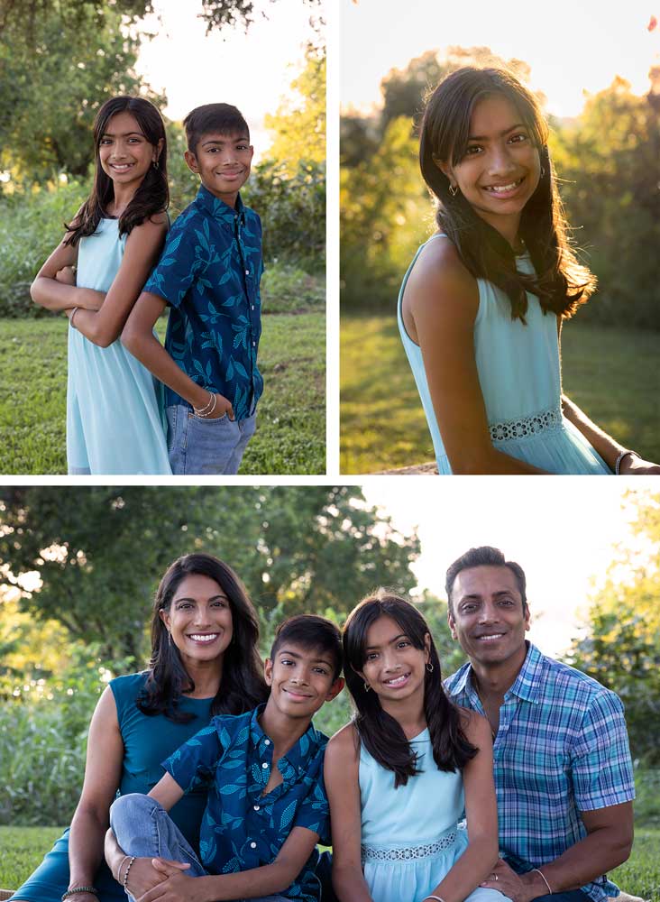 Family photos at sunset, Winfrey Point, White Rock Lake - A joyful family of four hugging tightly with a golden fall sunset glowing in the background.