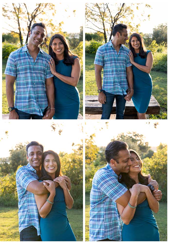 Couples Portraits: Husband hugging wife from behind – Joyful embrace captured in front of glowing late afternoon light.