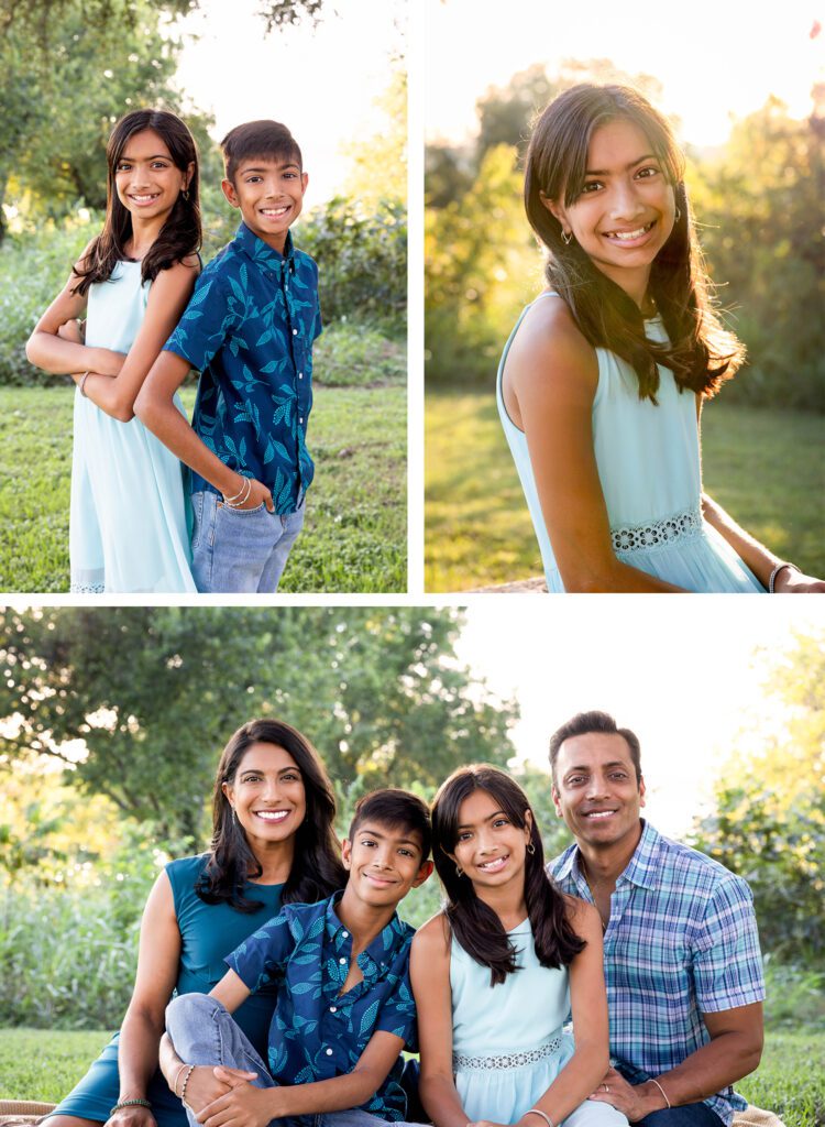 Family photos at sunset, Winfrey Point, White Rock Lake - A joyful family of four hugging tightly with a golden fall sunset glowing in the background.