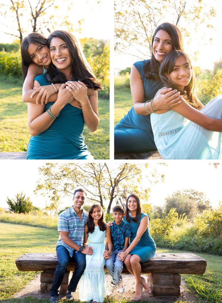 Family photos at sunset, Winfrey Point, White Rock Lake - A joyful family of four hugging tightly with a golden fall sunset glowing in the background.