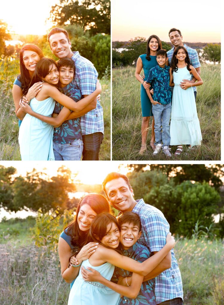 Family photos at sunset, Winfrey Point, White Rock Lake - A joyful family of four hugging tightly with a golden fall sunset glowing in the background.