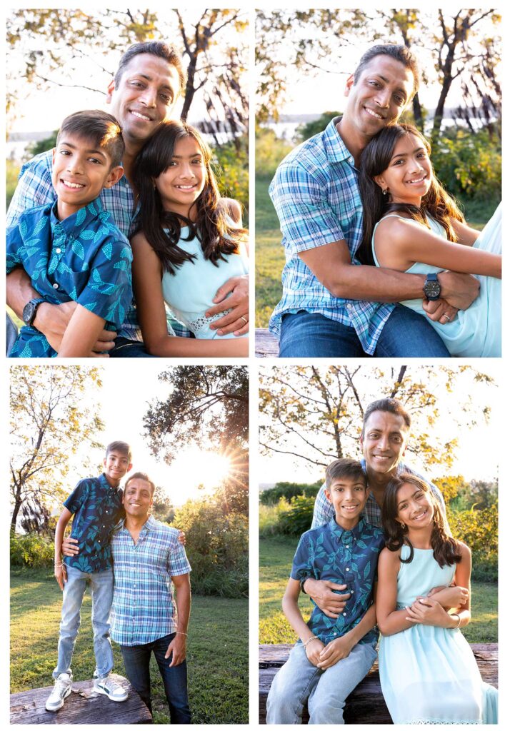 Family photos at sunset, Winfrey Point, White Rock Lake - A joyful family of four hugging tightly with a golden fall sunset glowing in the background.