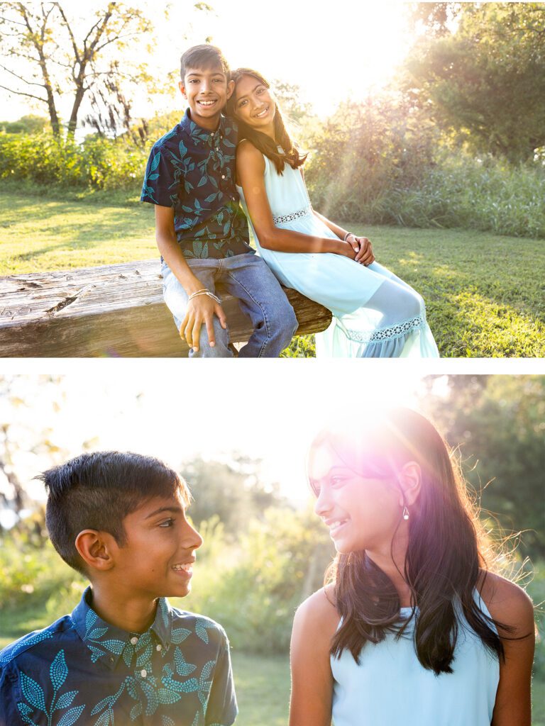 Family photos at sunset, Winfrey Point, White Rock Lake - A joyful family of four hugging tightly with a golden fall sunset glowing in the background.