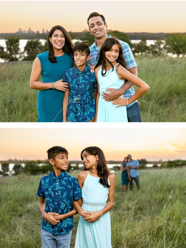 Family photos at sunset, Winfrey Point, White Rock Lake - A joyful family of four hugging tightly with a golden fall sunset glowing in the background.