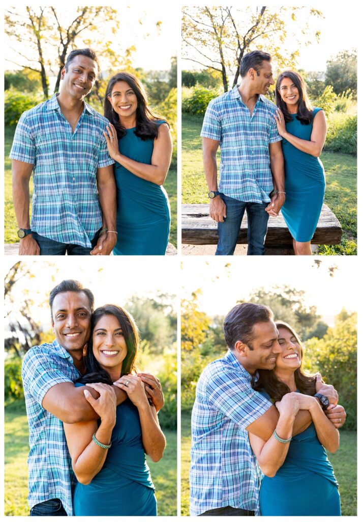 Family photos at sunset, Winfrey Point, White Rock Lake - A joyful family of four hugging tightly with a golden fall sunset glowing in the background.