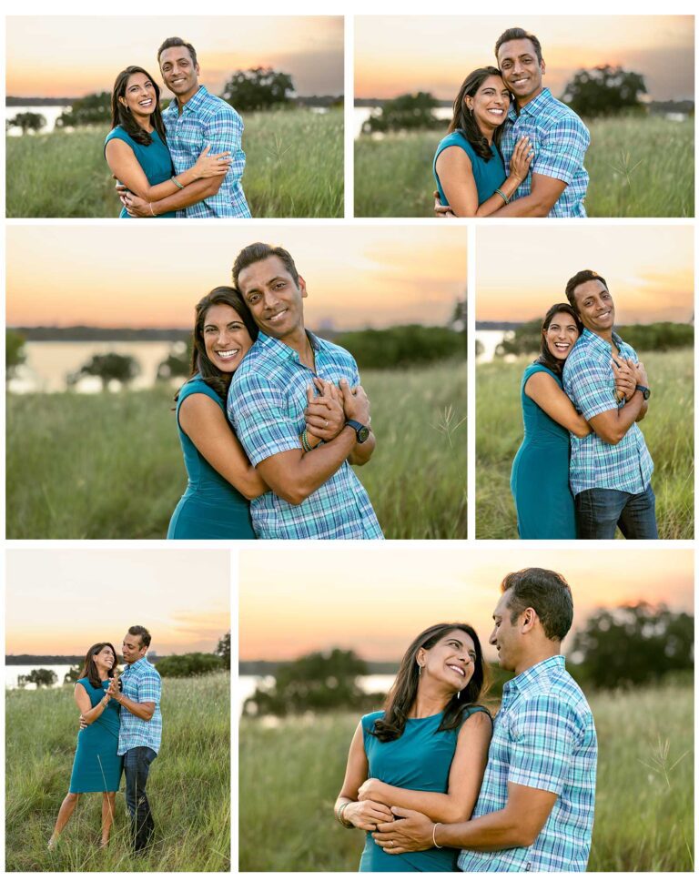 Family photos at sunset, Winfrey Point, White Rock Lake - A joyful family of four hugging tightly with a golden fall sunset glowing in the background.