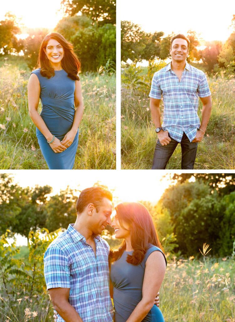 Family photos at sunset, Winfrey Point, White Rock Lake - A joyful family of four hugging tightly with a golden fall sunset glowing in the background.