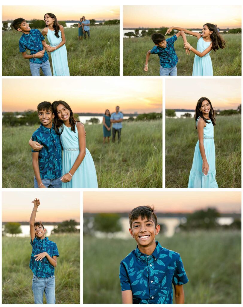 Family photos at sunset, Winfrey Point, White Rock Lake - A joyful family of four hugging tightly with a golden fall sunset glowing in the background.