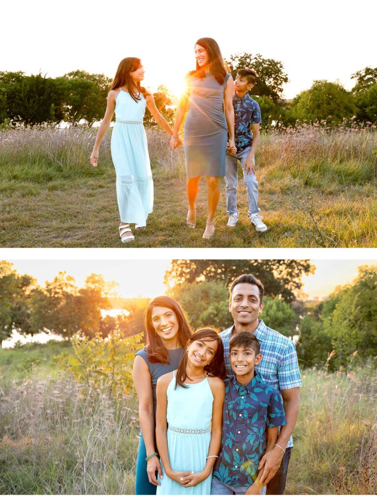 Family photos at sunset, Winfrey Point, White Rock Lake - A joyful family of four hugging tightly with a golden fall sunset glowing in the background.