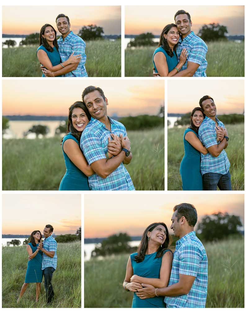 amily photos at sunset, Winfrey Point, White Rock Lake - A joyful family of four hugging tightly with a golden fall sunset glowing in the background.