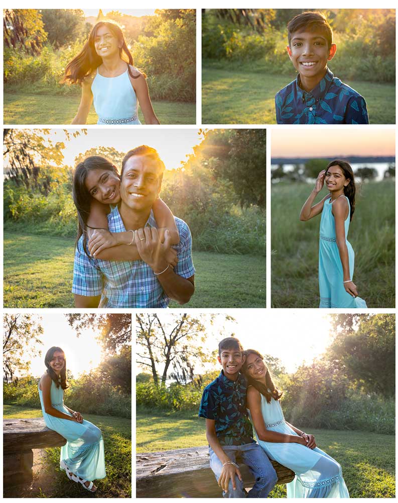 Family photos at sunset, Winfrey Point, White Rock Lake - A joyful family of four hugging tightly with a golden fall sunset glowing in the background.