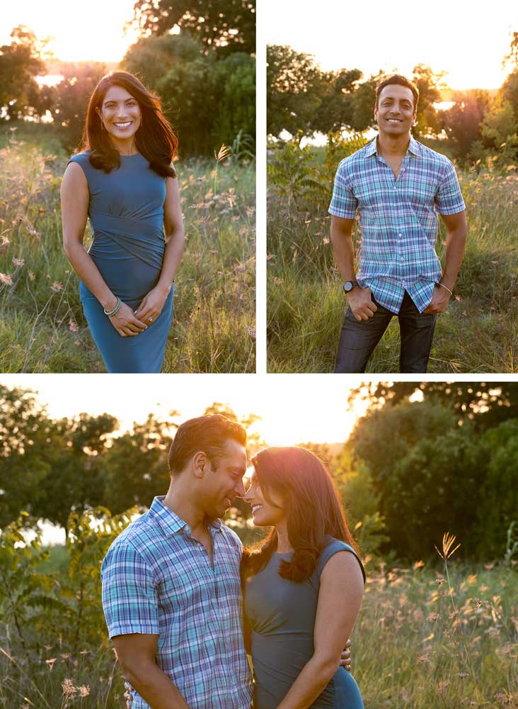 Family photos at sunset, Winfrey Point, White Rock Lake - A joyful family of four hugging tightly with a golden fall sunset glowing in the background.