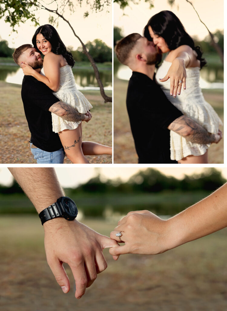 Young couple photography engagement session Outdoors at golden hour. Dallas, Texas 