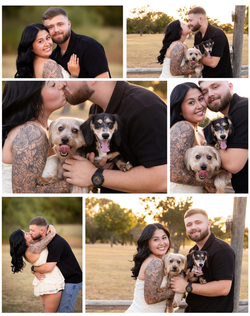 Young couple photography session with their puppies. Outdoors at golden hour. Dallas, Texas 