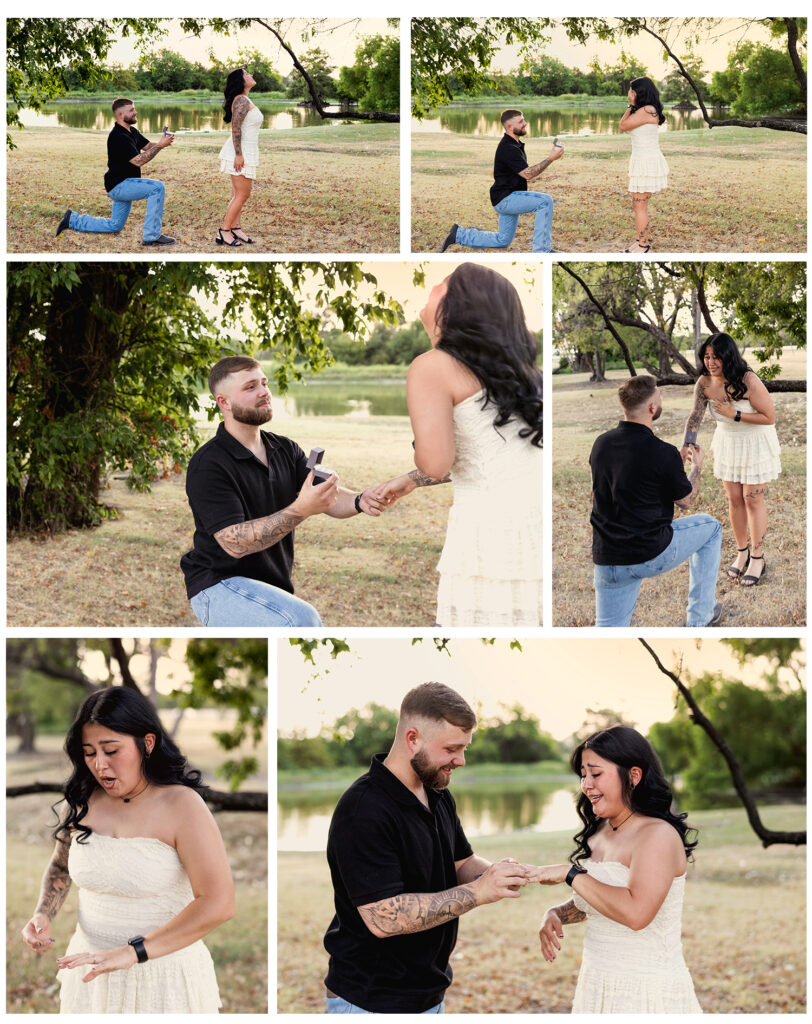 Young couple photography engagement session Outdoors at golden hour. Dallas, Texas 
