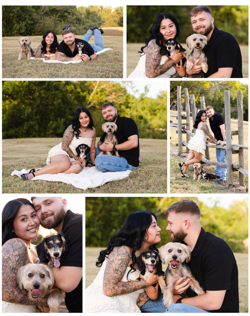 Young couple photography session with their puppies. Outdoors at golden hour. Dallas, Texas 