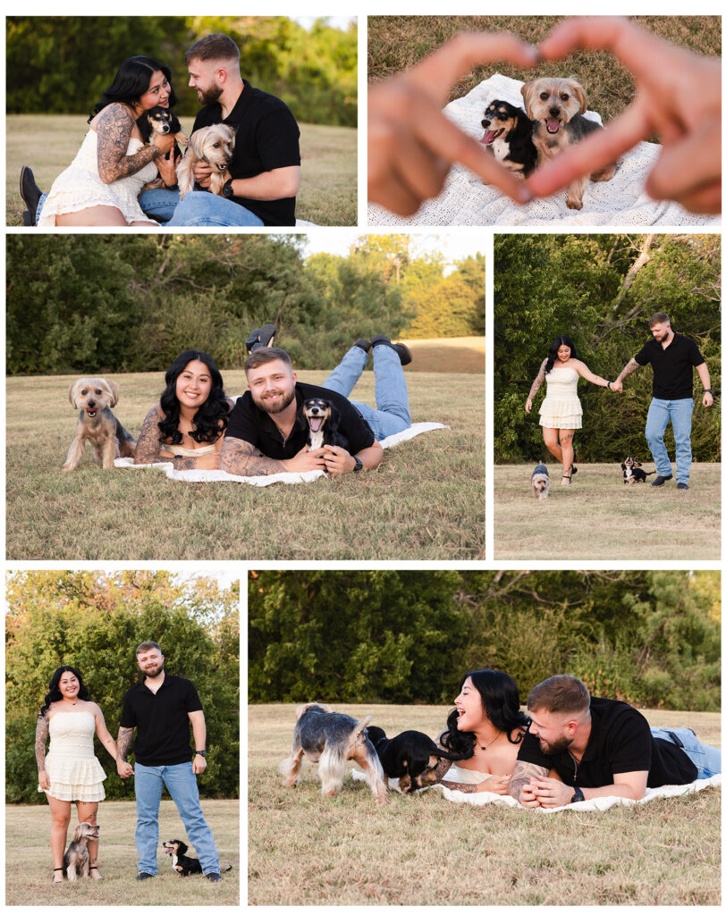 Young couple photography session with their puppies. Outdoors at golden hour. Dallas, Texas 