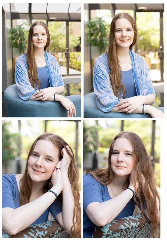Strawberry-blonde therapist in natural light business headshot